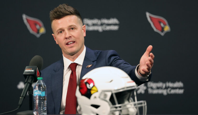 New Arizona Cardinals head coach Mike LaFleur speaks to the media during a press conference at Dignity Health Arizona Cardinals Training Center on February 03, 2026 in Tempe, Arizona.