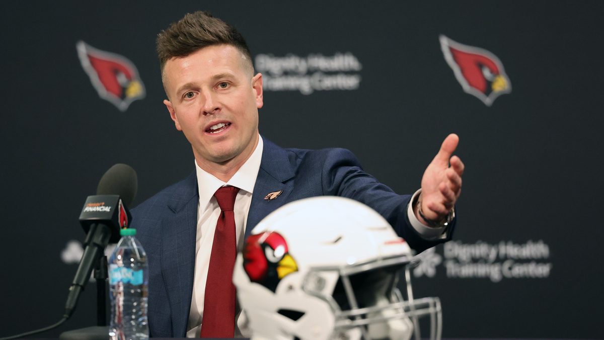 New Arizona Cardinals head coach Mike LaFleur speaks to the media during a press conference at Dignity Health Arizona Cardinals Training Center on February 03, 2026 in Tempe, Arizona.