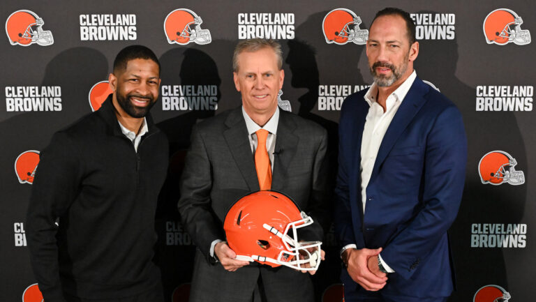 (L-R) Executive vice president, football operations & general manager Andrew Berry, Todd Monken and president Dave Jenkins of the Cleveland Browns pose for a photo after a press conference introducing Monken as the team's head coach at CrossCountry Mortgage Campus on February 03, 2026 in Berea, Ohio.