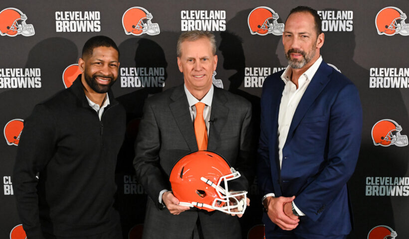 (L-R) Executive vice president, football operations & general manager Andrew Berry, Todd Monken and president Dave Jenkins of the Cleveland Browns pose for a photo after a press conference introducing Monken as the team's head coach at CrossCountry Mortgage Campus on February 03, 2026 in Berea, Ohio.