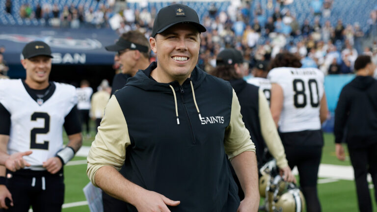 Head coach Kellen Moore of the New Orleans Saints reacts after defeating the Tennessee Titans in the game at Nissan Stadium on December 28, 2025 in Nashville, Tennessee.