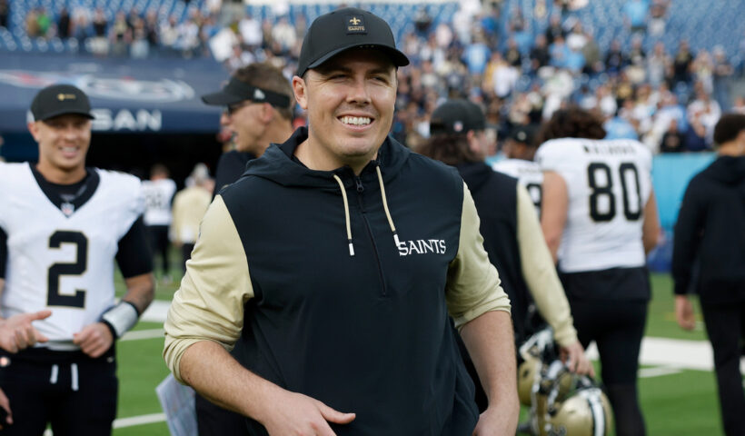 Head coach Kellen Moore of the New Orleans Saints reacts after defeating the Tennessee Titans in the game at Nissan Stadium on December 28, 2025 in Nashville, Tennessee.