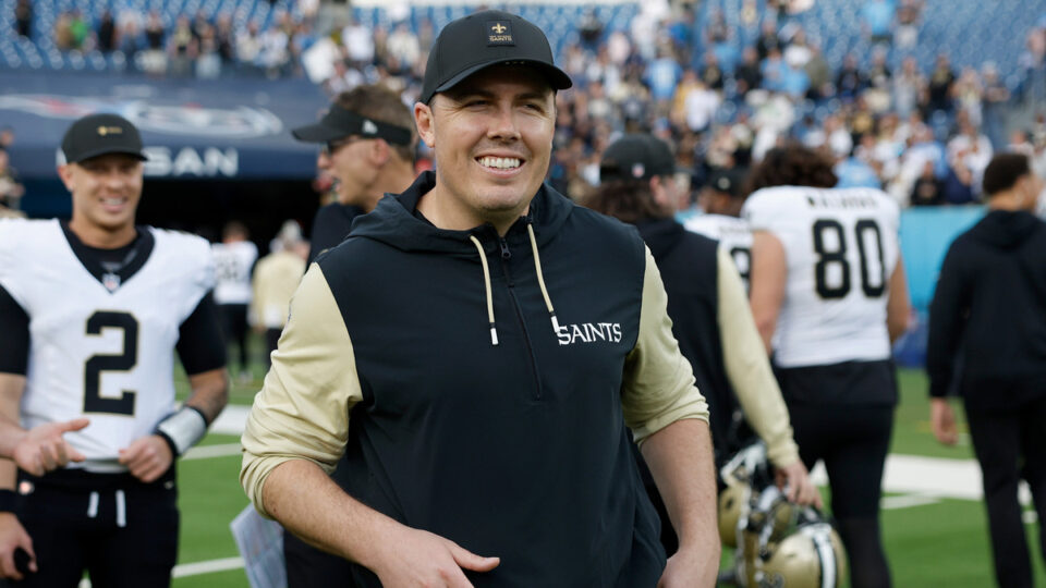Head coach Kellen Moore of the New Orleans Saints reacts after defeating the Tennessee Titans in the game at Nissan Stadium on December 28, 2025 in Nashville, Tennessee.