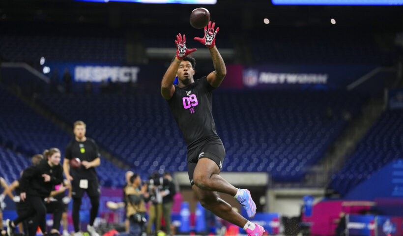 Justin Joly #TE09 of North Carolina participates in a drill during the 2026 NFL Scouting Combine at Lucas Oil Stadium on February 27, 2026 in Indianapolis, Indiana.