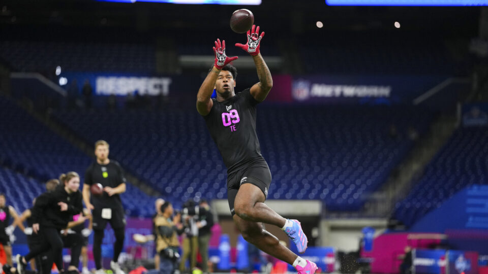 Justin Joly #TE09 of North Carolina participates in a drill during the 2026 NFL Scouting Combine at Lucas Oil Stadium on February 27, 2026 in Indianapolis, Indiana.