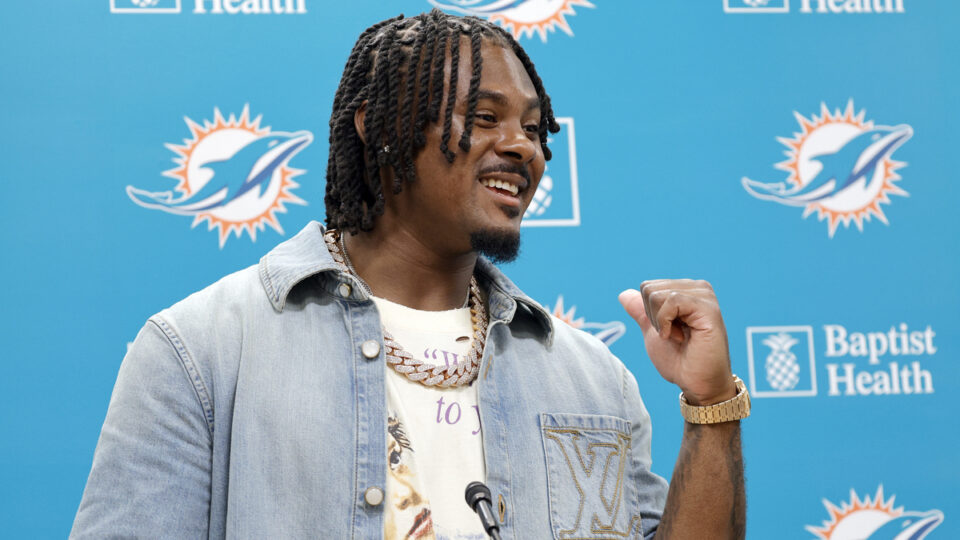 Quarterback Malik Willis speaks after signing to play with the Miami Dolphins at Baptist Health Training Complex on Thursday, March 12, 2026, in Miami Gardens, Florida.
