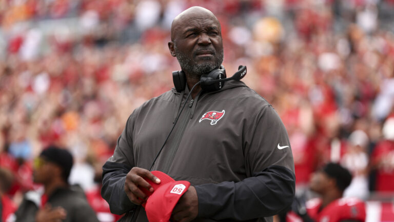 Head coach Todd Bowles of the Tampa Bay Buccaneers stands on the sidelines prior to an NFL football game against the New Orleans Saints at Raymond James Stadium on December 7, 2025 in Tampa, Florida.