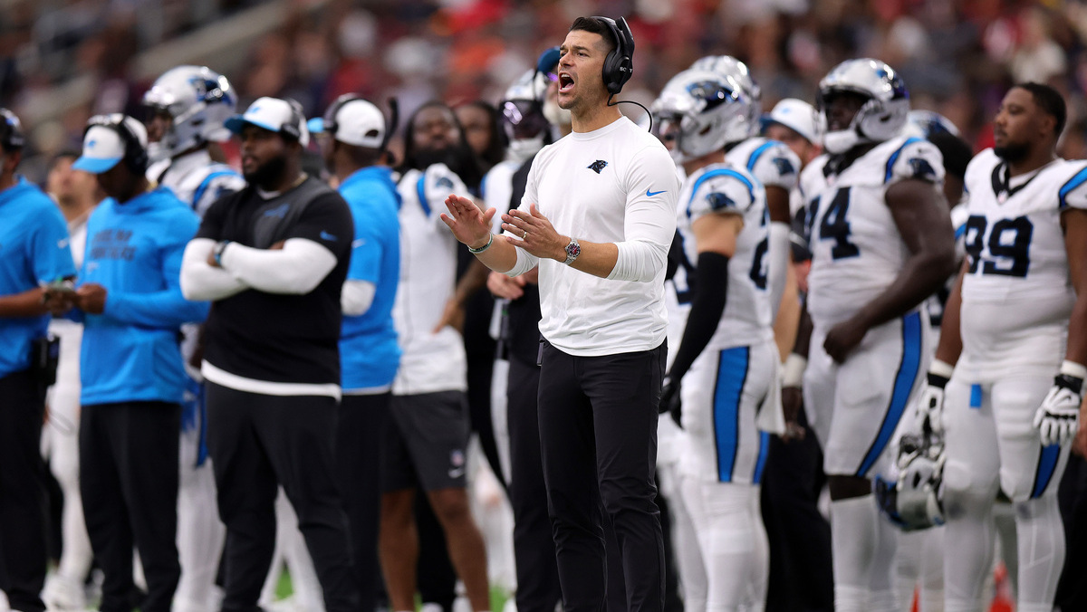 Head coach Dave Canales of the Carolina Panthers reacts during the fourth quarter in the NFL Preseason 2025 game between Carolina Panthers and Houston Texans at NRG Stadium on August 16, 2025 in Houston, Texas.