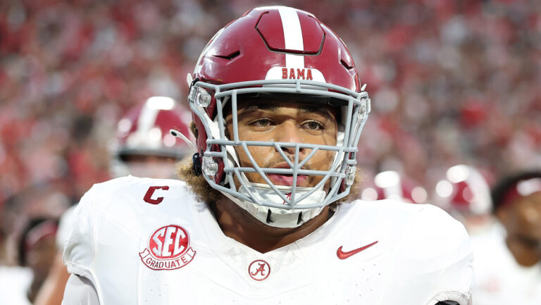 Parker Brailsford #72 of the Alabama Crimson Tide walks off the field after warm ups prior to facing the Georgia Bulldogs at Sanford Stadium on September 27, 2025 in Athens, Georgia.