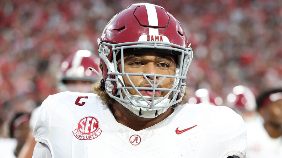 Parker Brailsford #72 of the Alabama Crimson Tide walks off the field after warm ups prior to facing the Georgia Bulldogs at Sanford Stadium on September 27, 2025 in Athens, Georgia.