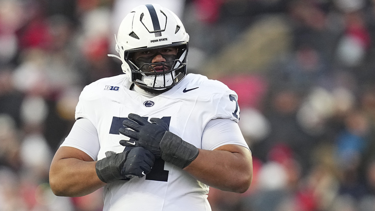 Olaivavega Ioane #71 of the Penn State Nittany Lions looks on against the Rutgers Scarlet Knights at SHI Stadium on November 29, 2025 in Piscataway, New Jersey. The Penn State Nittany Lions defeated the Rutgers Scarlet Knights 40-36.