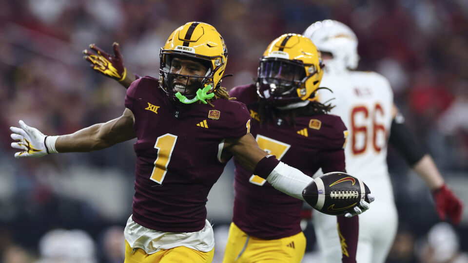 Keith Abney II #1 of the Arizona State Sun Devils celebrates after a turnover during the second half of the Big 12 Championship game against the Iowa State Cyclones at AT&T Stadium on December 7, 2024 in Arlington, Texas.