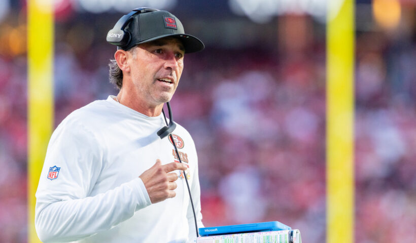 San Francisco 49ers head coach Kyle Shanahan interacts with a referee during a NFL game against the Atlanta Falcons on October 19, 2025 at Levi's Stadium in Santa Clara, California.
