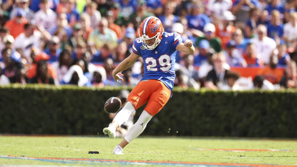 Trey Smack #29 of the Florida Gators kicks the ball off during the 1st half of a game against the South Florida Bulls at Ben Hill Griffin Stadium on September 06, 2025 in Gainesville, Florida.