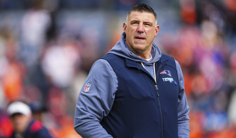 New England Patriots head coach Mike Vrabel looks on from the field during warmups prior to the AFC Championship NFL football game against the Denver Broncos at Empower Field At Mile High on January 25, 2026 in Denver, Colorado.