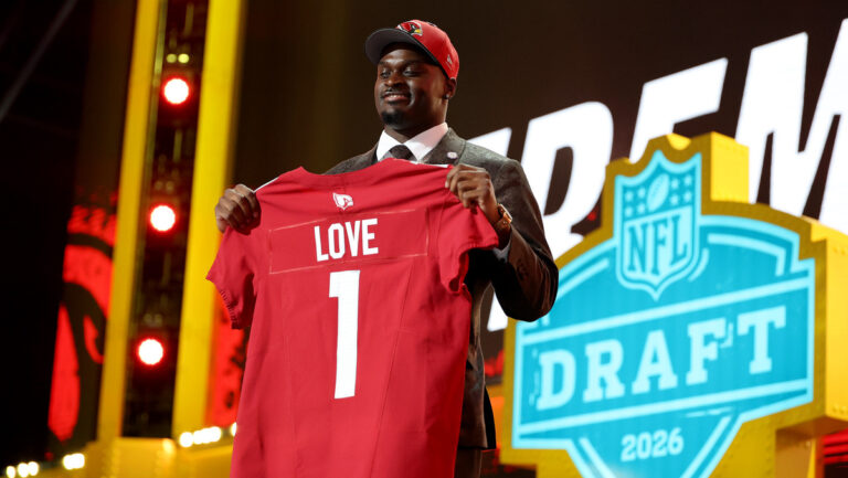 Jeremiyah Love of Notre Dame celebrates after being selected third overall pick by the Arizona Cardinals during Round One of the 2026 NFL Draft at Acrisure Stadium on April 23, 2026 in Pittsburgh, Pennsylvania.