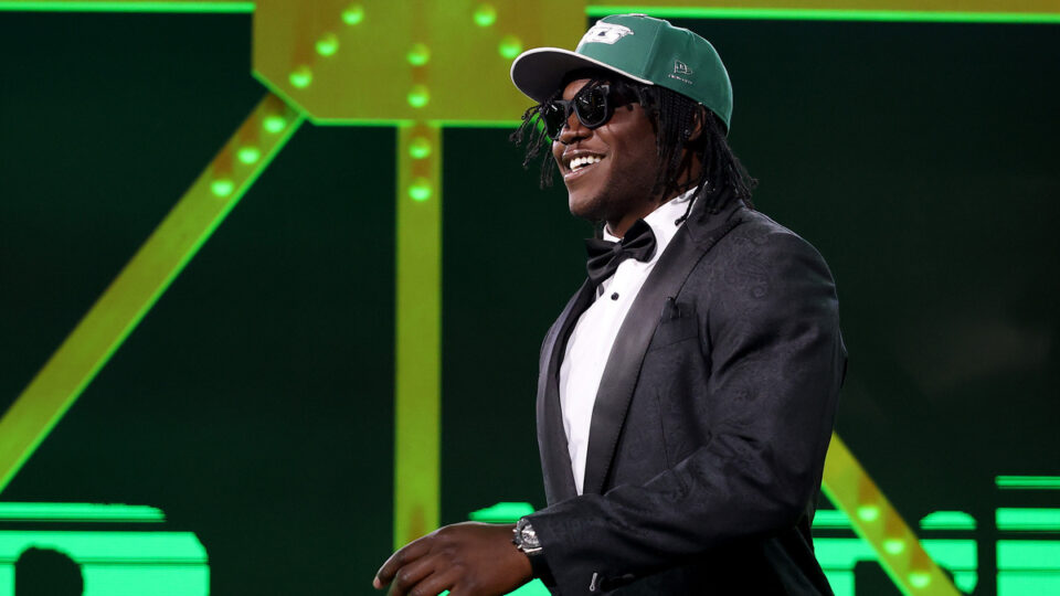 David Bailey of Texas Tech celebrates after being selected second overall pick by the New York Jets during Round One of the 2026 NFL Draft at Acrisure Stadium on April 23, 2026 in Pittsburgh, Pennsylvania.