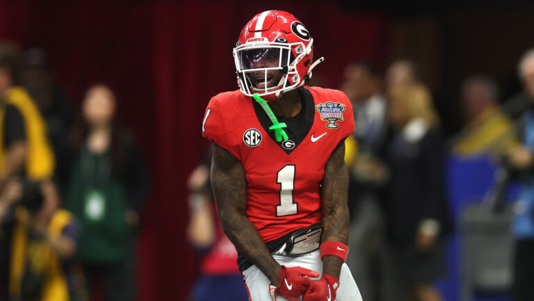 Zachariah Branch #1 of the Georgia Bulldogs celebrates a touchdown during the fourth quarter against the Ole Miss Rebels during the 2025 College Football Playoff Quarterfinal at the Allstate Sugar Bowl at Caesars Superdome on January 01, 2026 in New Orleans, Louisiana.