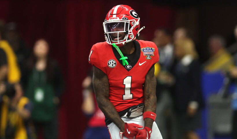 Zachariah Branch #1 of the Georgia Bulldogs celebrates a touchdown during the fourth quarter against the Ole Miss Rebels during the 2025 College Football Playoff Quarterfinal at the Allstate Sugar Bowl at Caesars Superdome on January 01, 2026 in New Orleans, Louisiana.
