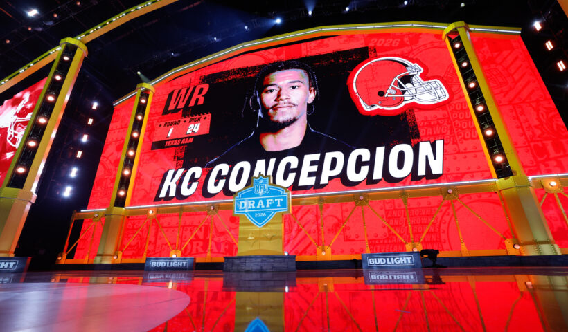 A screen shows KC Concepcion of Texas A&M after being selected 24th overall by the Cleveland Browns during Round One of the 2026 NFL Draft at Acrisure Stadium on April 23, 2026 in Pittsburgh, Pennsylvania.
