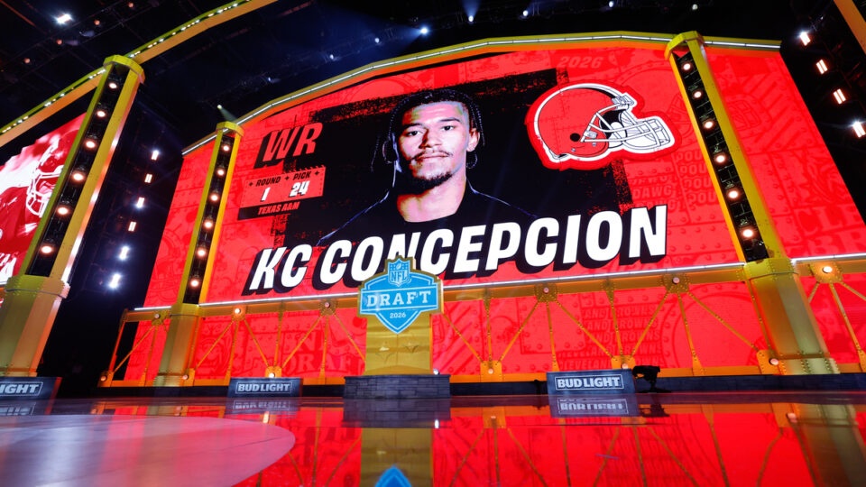A screen shows KC Concepcion of Texas A&M after being selected 24th overall by the Cleveland Browns during Round One of the 2026 NFL Draft at Acrisure Stadium on April 23, 2026 in Pittsburgh, Pennsylvania.
