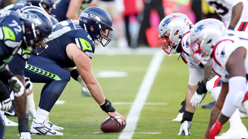 Jalen Sundell #61 of the Seattle Seahawks lines up against the New England Patriots during the first quarter Super Bowl LX at Levi's Stadium on February 08, 2026 in Santa Clara, California.