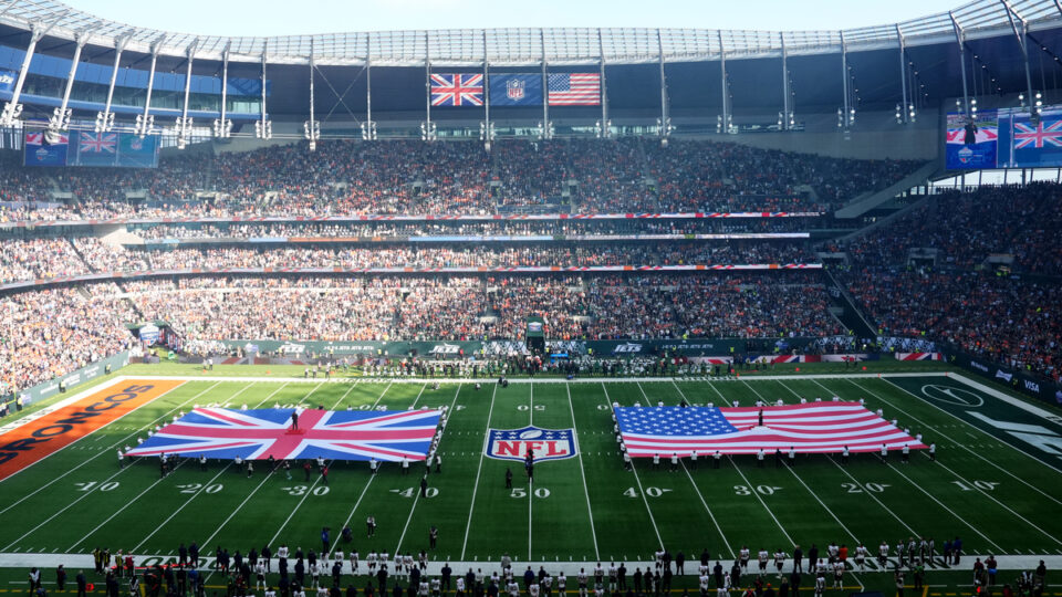 A general view of the stadium during the national anthems before the NFL International match at the Tottenham Hotspur Stadium, London. Picture date: Sunday October 12, 2025.