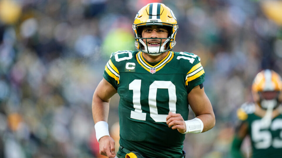 Jordan Love #10 of the Green Bay Packers looks on before a game against the Chicago Bears at Lambeau Field on December 07, 2025 in Green Bay, Wisconsin.