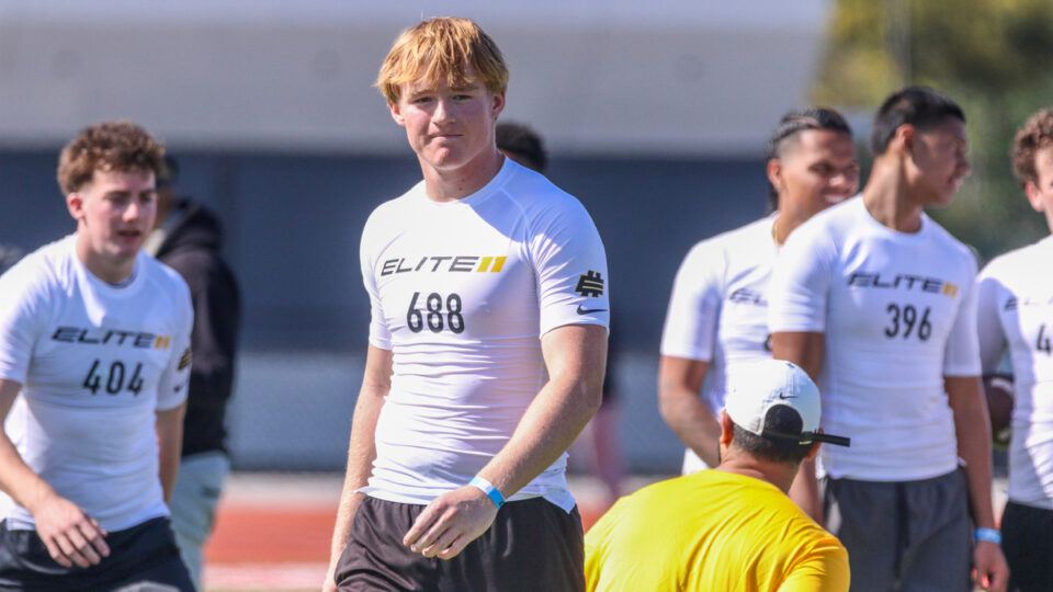 huntington beach quarterback brady edmunds looks on at the elite 11 los angeles regional in 2026 at lawndale high school in california