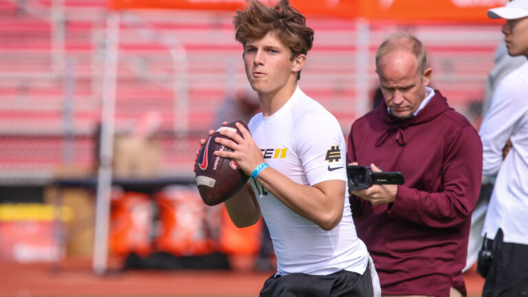 palos verdes quarterback ryan rakowski makes a pass at the elite 11 los angeles regional in 2026 at lawndale high school in california