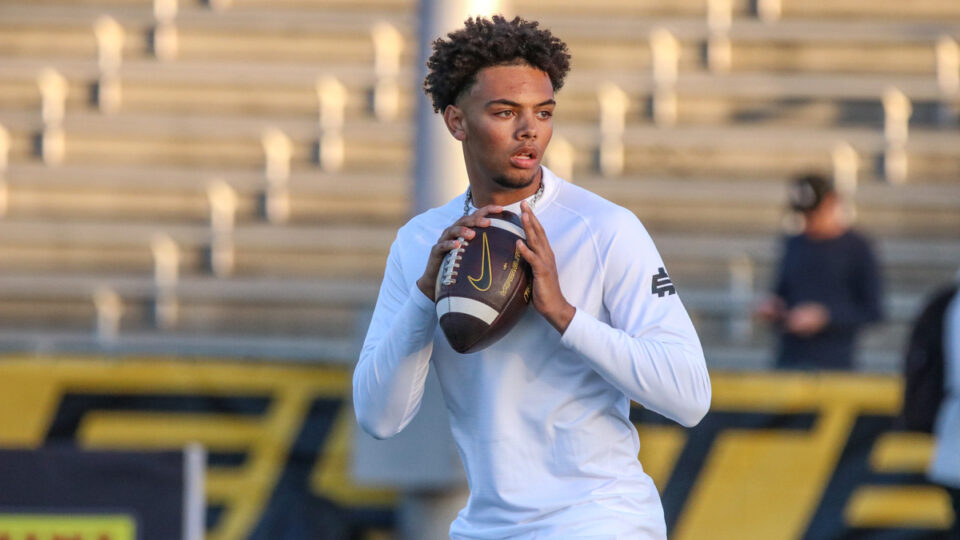 Quarterback Trae Taylor III prepares to throw a pass during Day 1 of the Elite 11 Finals in Manhattan Beach, California on May 29, 2026.