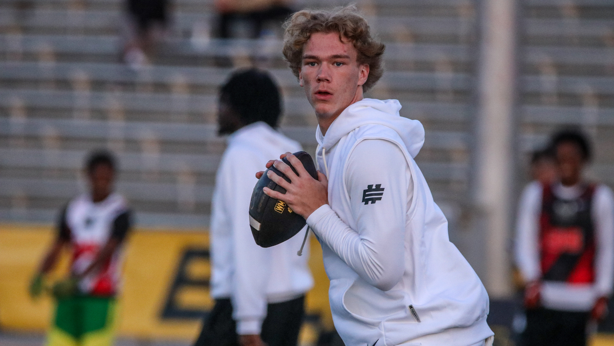 Quarterback Will Mencl prepares to throw a pass during Day 1 of the Elite 11 Finals in Manhattan Beach, California.