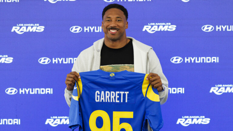 Myles Garrett of the Los Angeles Rams pose for a photo during a press conference at Rams training facility on Tuesday, June 2, 2026 in Woodland Hills, California.