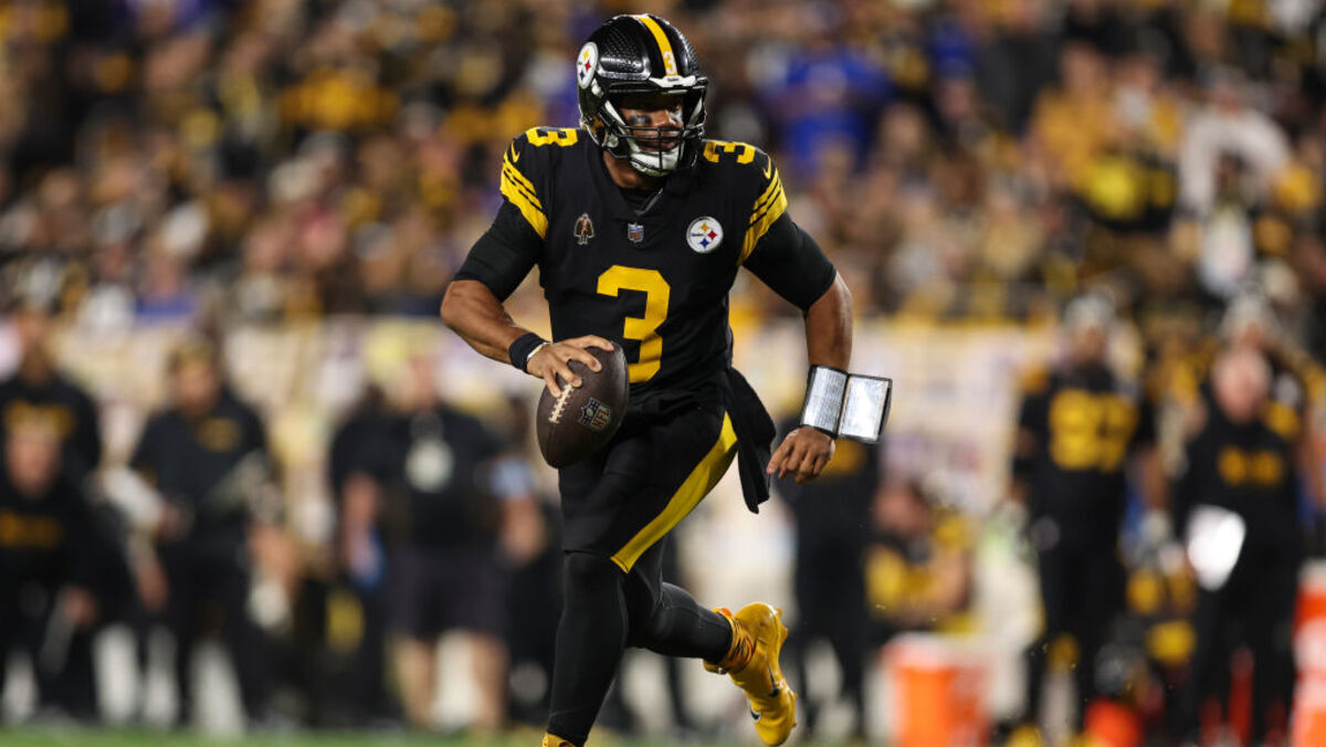 Russell Wilson #3 of the Pittsburgh Steelers scrambles out of the pocket during an NFL football game against the New York Giants at Acrisure Stadium on October 28, 2024 in Pittsburgh, Pennsylvania.