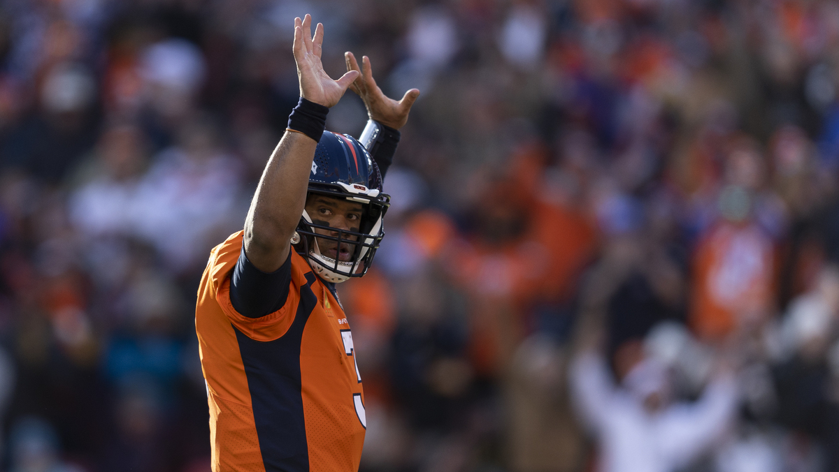 Russell Wilson #3 of the Denver Broncos celebrates after a touchdown during an NFL football game between the Denver Broncos and the Cleveland Browns at Empower Field At Mile High on November 26, 2023 in Denver, Colorado.