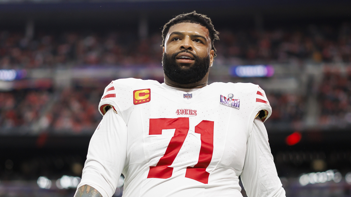 Trent Williams #71 of the San Francisco 49ers looks on during pregame warmups before Super Bowl LVIII against the Kansas City Chiefs at Allegiant Stadium on February 11, 2024 in Las Vegas, Nevada.