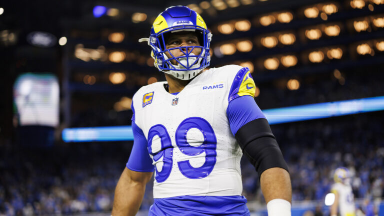 Aaron Donald #99 of the Los Angeles Rams looks on during pregame warmups prior to an NFC Wild Card Playoff football game against the Detroit Lions at Ford Field on January 14, 2024 in Detroit, Michigan.