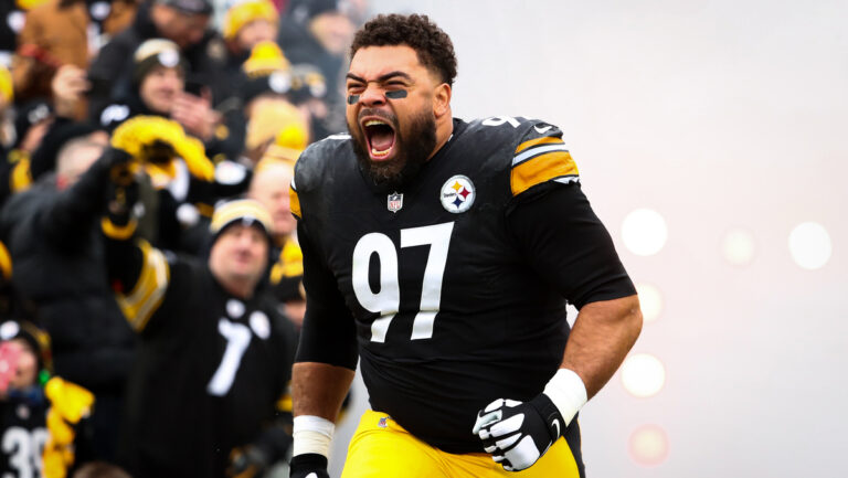 Cameron Heyward #97 of the Pittsburgh Steelers runs onto the field prior to an NFL game against the Tennessee Titans at Heinz Field on December 19, 2021 in Pittsburgh, Pennsylvania.