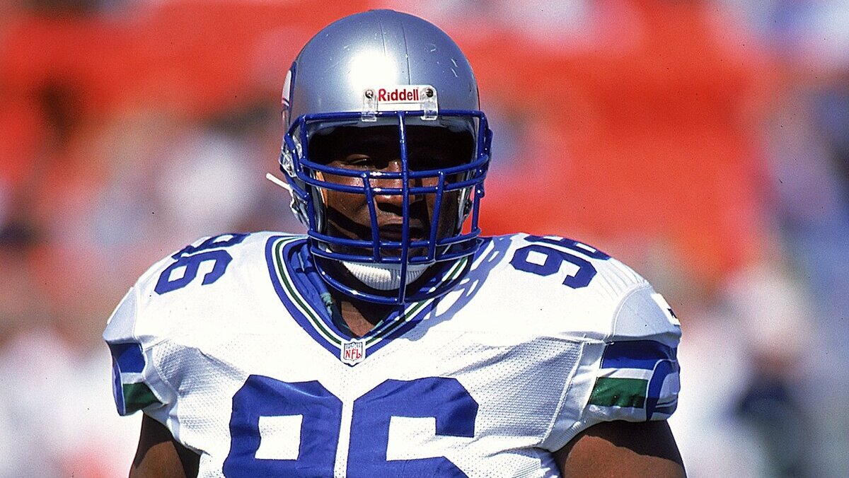 Cortez Kennedy #96 of the Seattle Seahawks looks on from the field during the game against the Chicago Bears at Soldier Field in Chicago, Illinois. The Seahawks defeated the Bears 14-13.