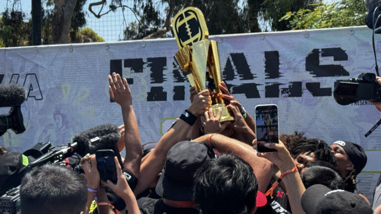 LoPro 7-on-7 team hoists OT7 Finals championship trophy at Sullivan Field on the campus of LMU in Los Angeles, California on June 14, 2026.