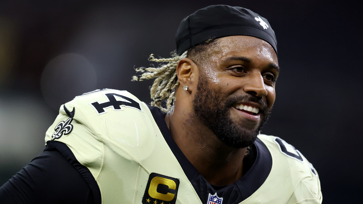 Cameron Jordan #94 of the New Orleans Saints reacts after his team's 29-6 victory against the New York Jets at Caesars Superdome on December 21, 2025 in New Orleans, Louisiana.