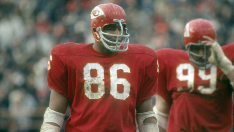 Buck Buchanan #86 of the Kansas City Chiefs looks on waiting for the New York Jets offense to come to the line of scrimmage during an NFL football game at Kansas City Municipal Stadium November 5, 1967 in Kansas City, Missouri. Buchanan played for the Chiefs from 1963-75.