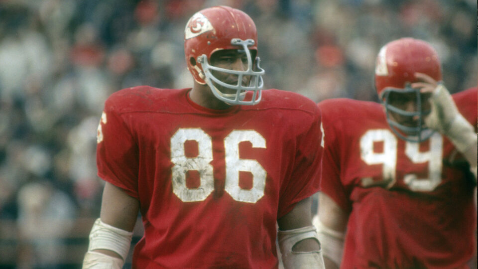 Buck Buchanan #86 of the Kansas City Chiefs looks on waiting for the New York Jets offense to come to the line of scrimmage during an NFL football game at Kansas City Municipal Stadium November 5, 1967 in Kansas City, Missouri. Buchanan played for the Chiefs from 1963-75.