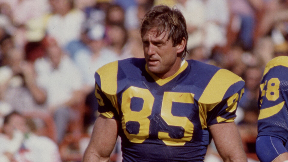 Los Angeles Rams defensive end Jack Youngblood during a pause in game action, October 27, 1985 in Anaheim, California.