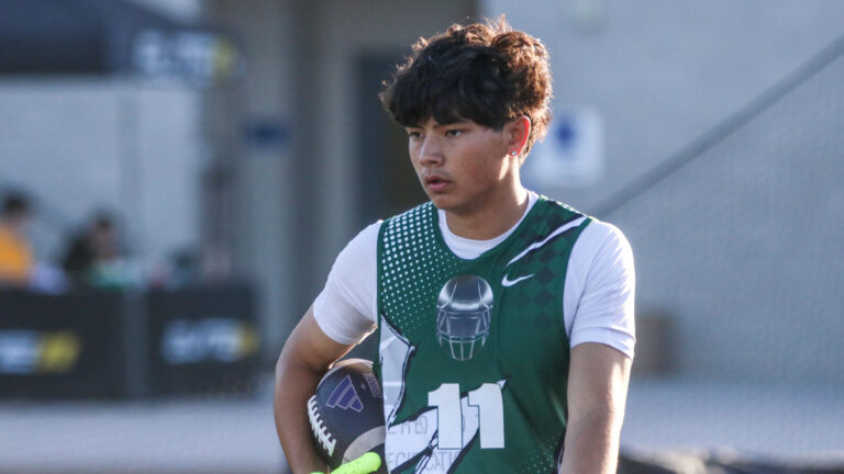 2027 receiver Hayden Koo heads back in line after catching a pass in the Elite 11 Finals in Los Angeles on May 31, 2026.