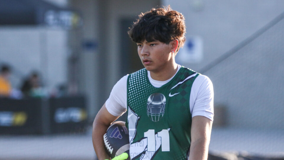 2027 receiver Hayden Koo heads back in line after catching a pass in the Elite 11 Finals in Los Angeles on May 31, 2026.