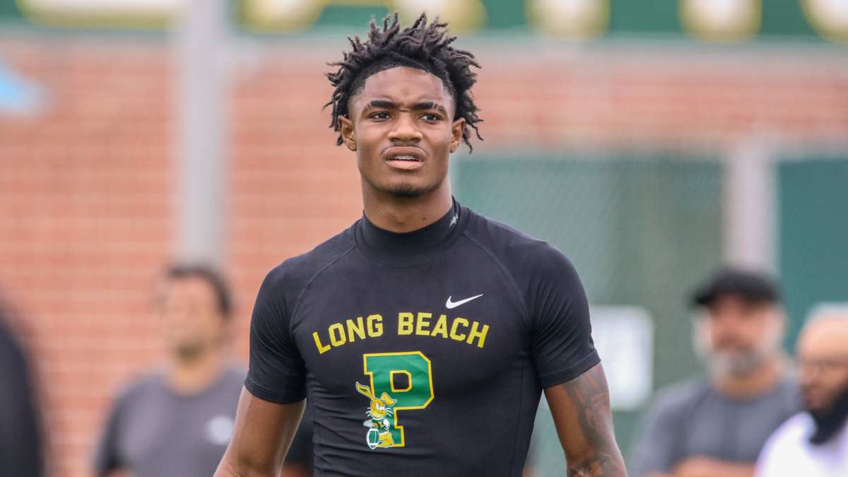 Long Beach Poly 2027 defensive back Donte Wright looks on at the Edison Battle at the Beach on May 11, 2026 in Huntington Beach, California.