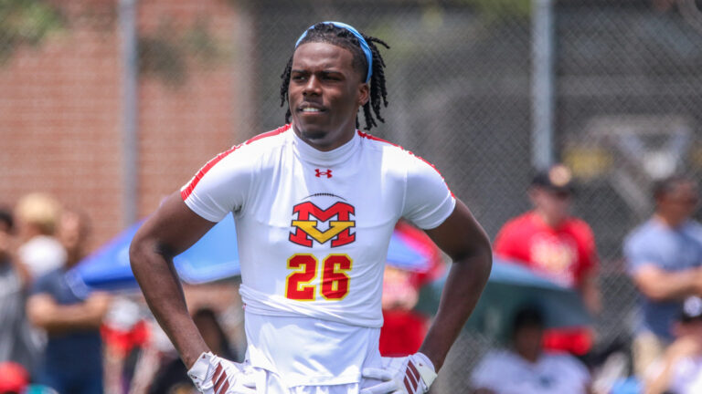 2028 Mission Viejo defensive back Jordan Hicks looks on at the Edison Battle at the Beach on May 11, 2026 in Huntington Beach, California.