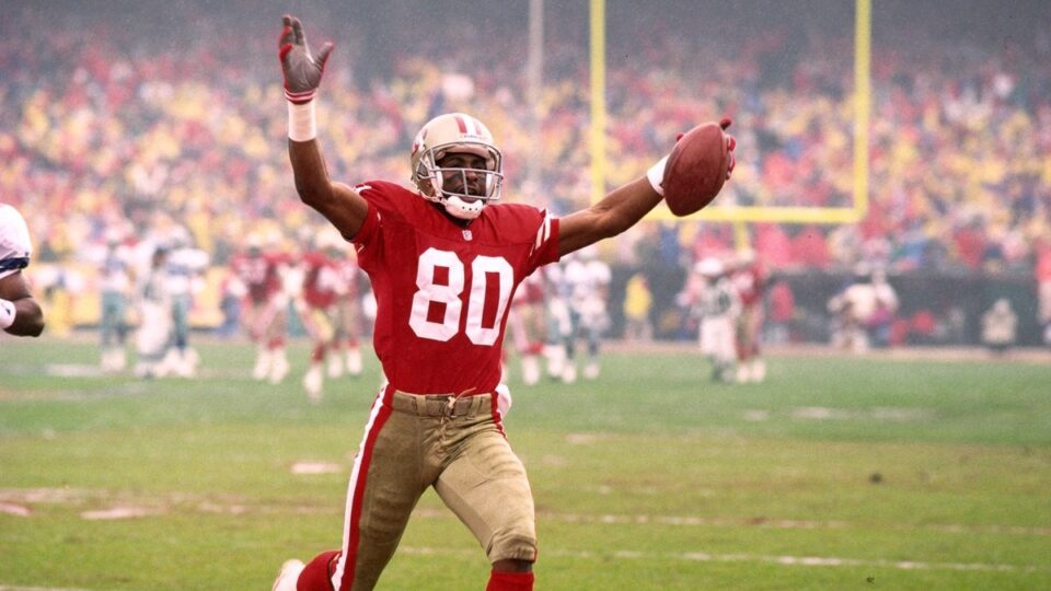 San Francisco 49ers wide receiver Jerry Rice (80) victorious after scoring TD during game, San Francisco, California.