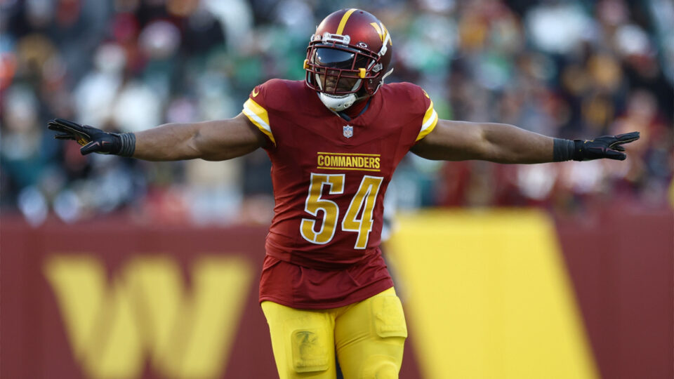 Bobby Wagner #54 of the Washington Commanders reacts against the Philadelphia Eagles at Northwest Stadium on December 22, 2024 in Landover, Maryland.